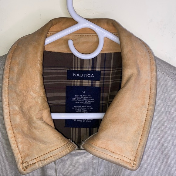 Vintage Nautica Medium Longer Canvas Utility Work Coat Jacket w/ Leather Collar - Picture 2 of 16